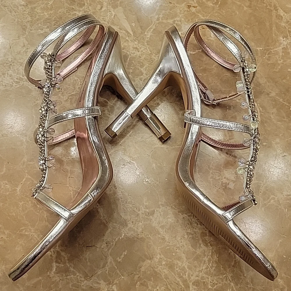 Michael Antonio Bedazzled Ankle Strap Silver Heeled Sandals, Sz 8